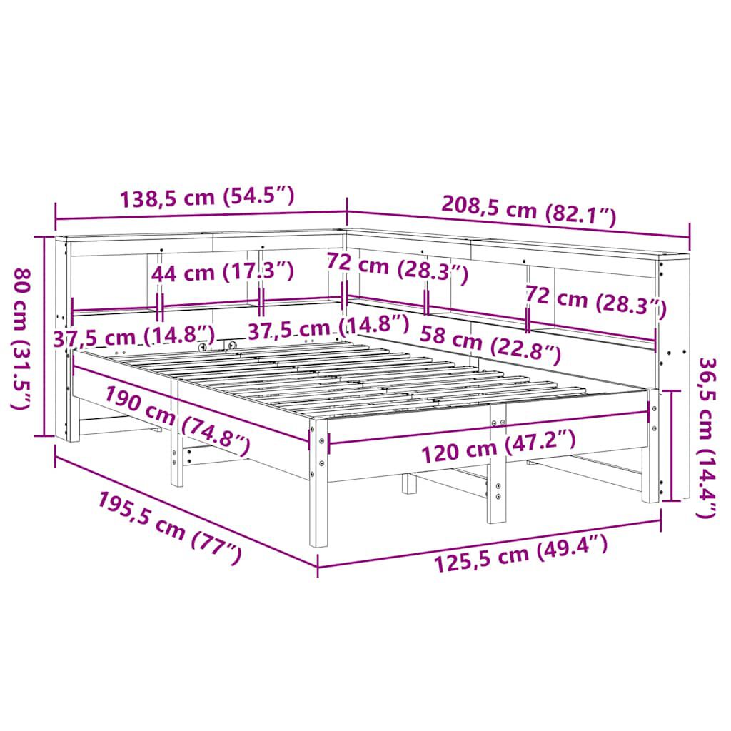 vidaXL Κρεβάτι Βιβλιοθήκη Χωρίς Στρώμα 120x190 εκ Μασίφ Ξύλο Πεύκου