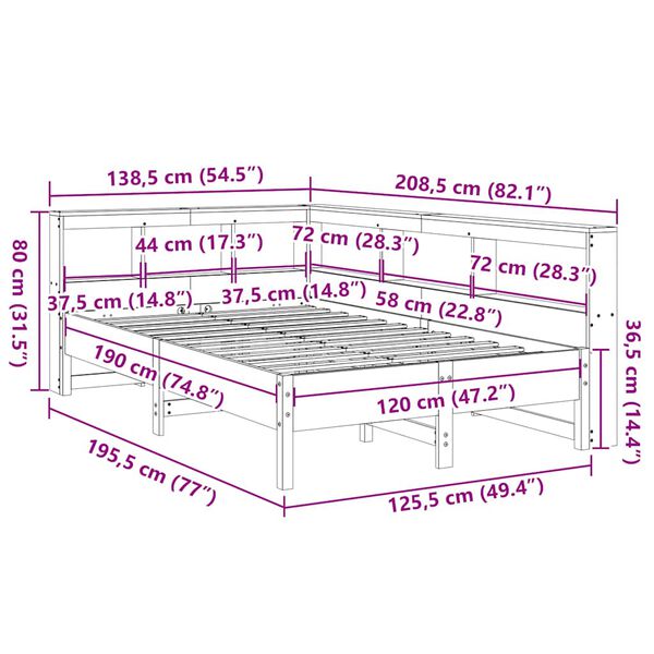 vidaXL Κρεβάτι Βιβλιοθήκη Χωρίς Στρώμα 120x190 εκ Μασίφ Ξύλο Πεύκου