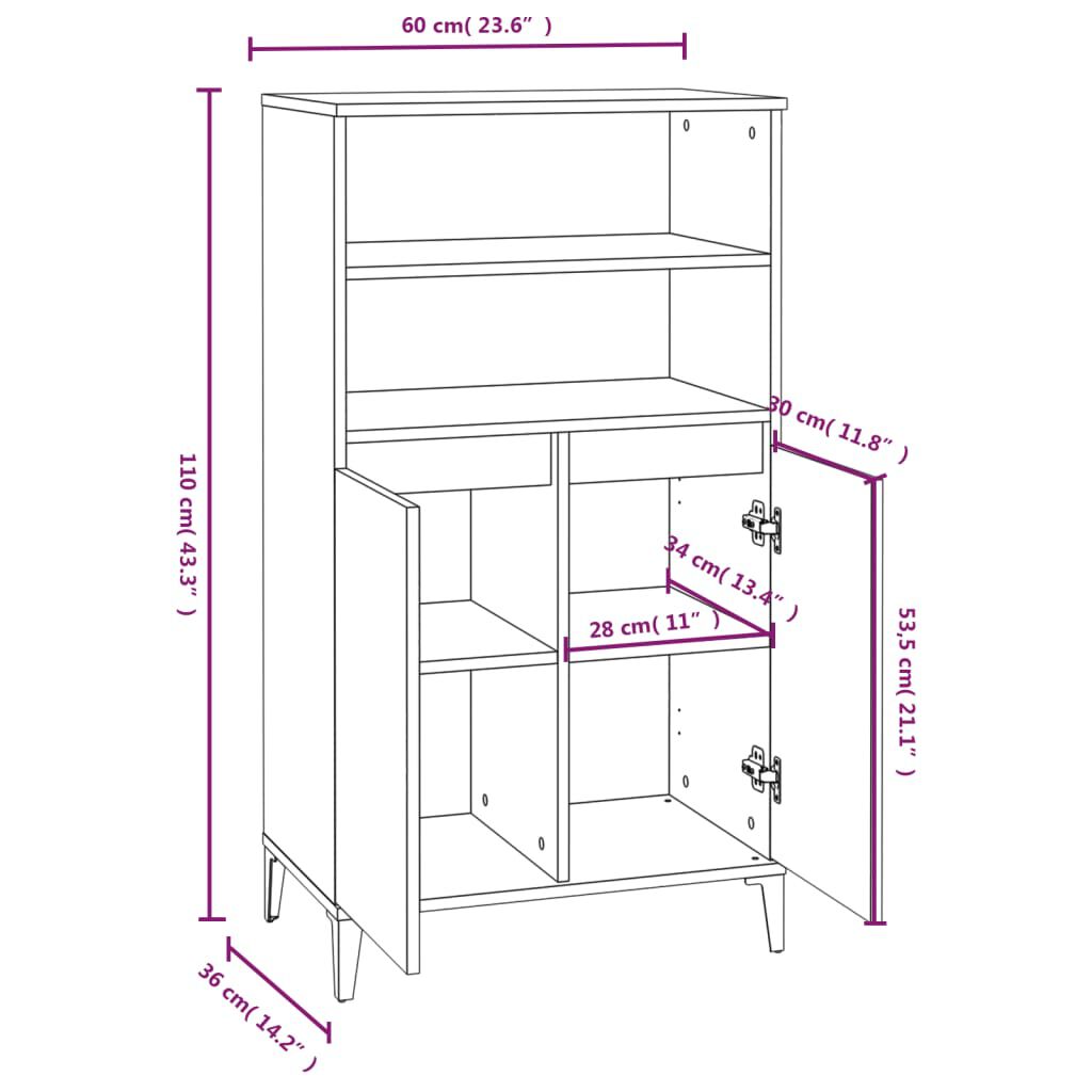 vidaXL Ντουλάπι Γυαλ. Λευκό 60 x 36 x 110 εκ. από Επεξεργασμένο Ξύλο