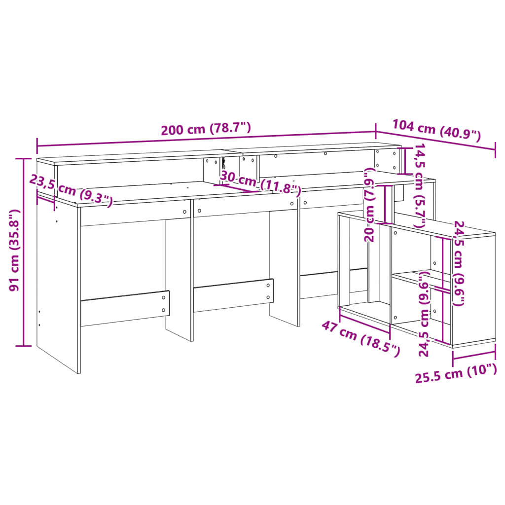 vidaXL Γραφείο με LED Γκρι Sonoma 200x104x91 εκ. Επεξεργ. Ξύλο