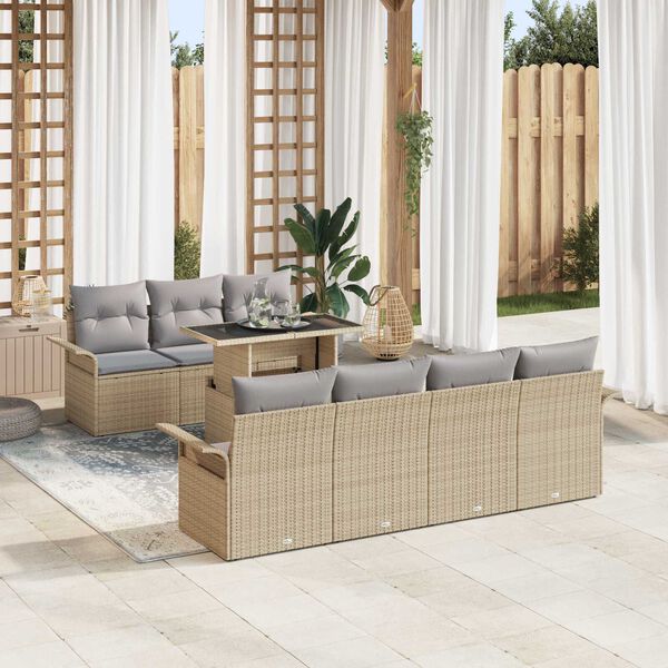 vidaXL Σετ Καναπέ Κήπου με μαξιλάρι 8 pcs Μπεζ Πολυ ράταν