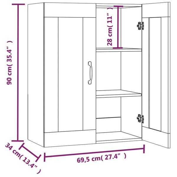 vidaXL Κρεμαστό Ντουλάπι Τοίχου Καφέ Δρυς 69,5x34x90 εκ Επεξ. Ξύλο