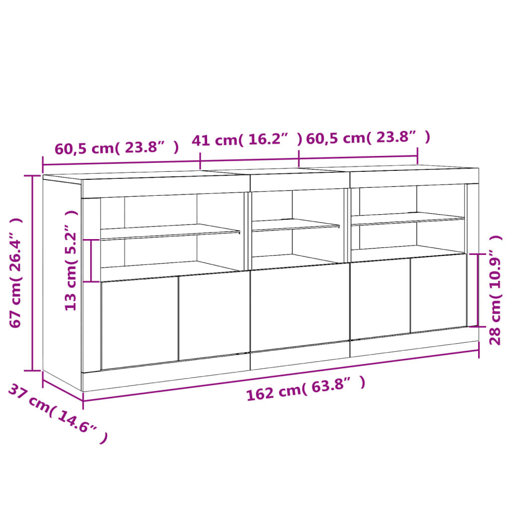 vidaXL Μπουφές με Φώτα LED Μαύρος 162 x 37 x 67 εκ.