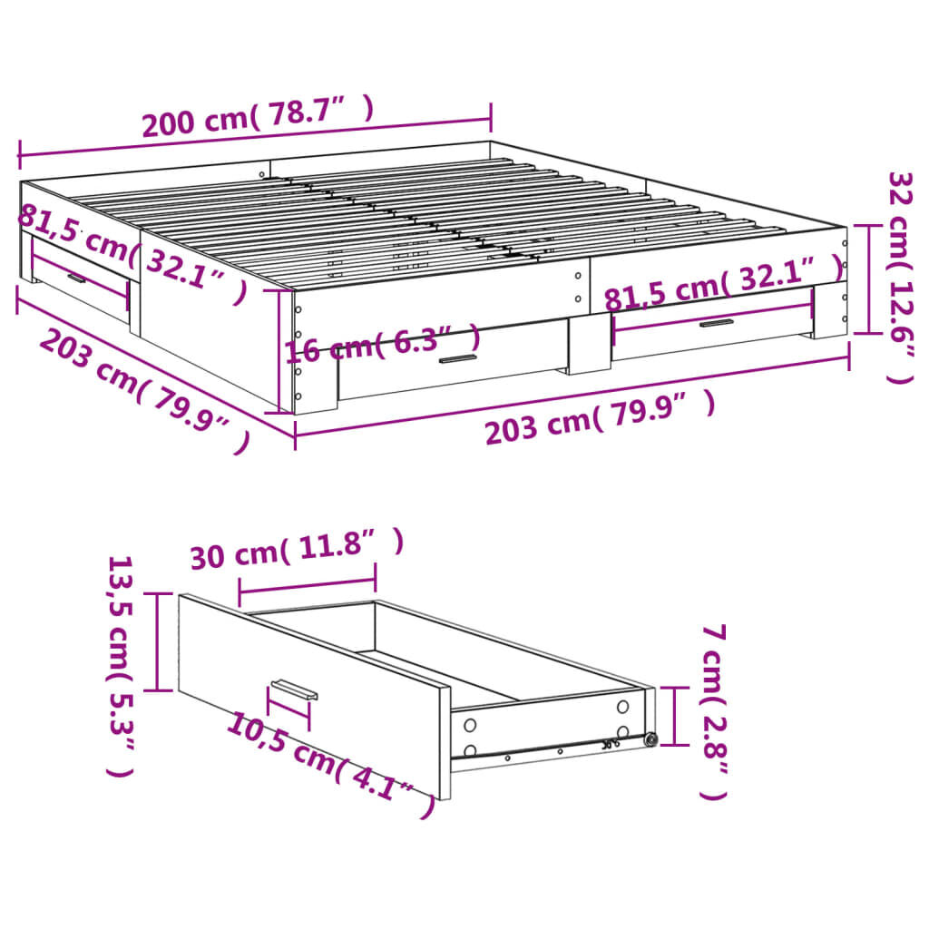 vidaXL Πλαίσιο Κρεβατιού με Συρτάρια Μαύρο 200x200 εκ Επεξεργ. Ξύλο