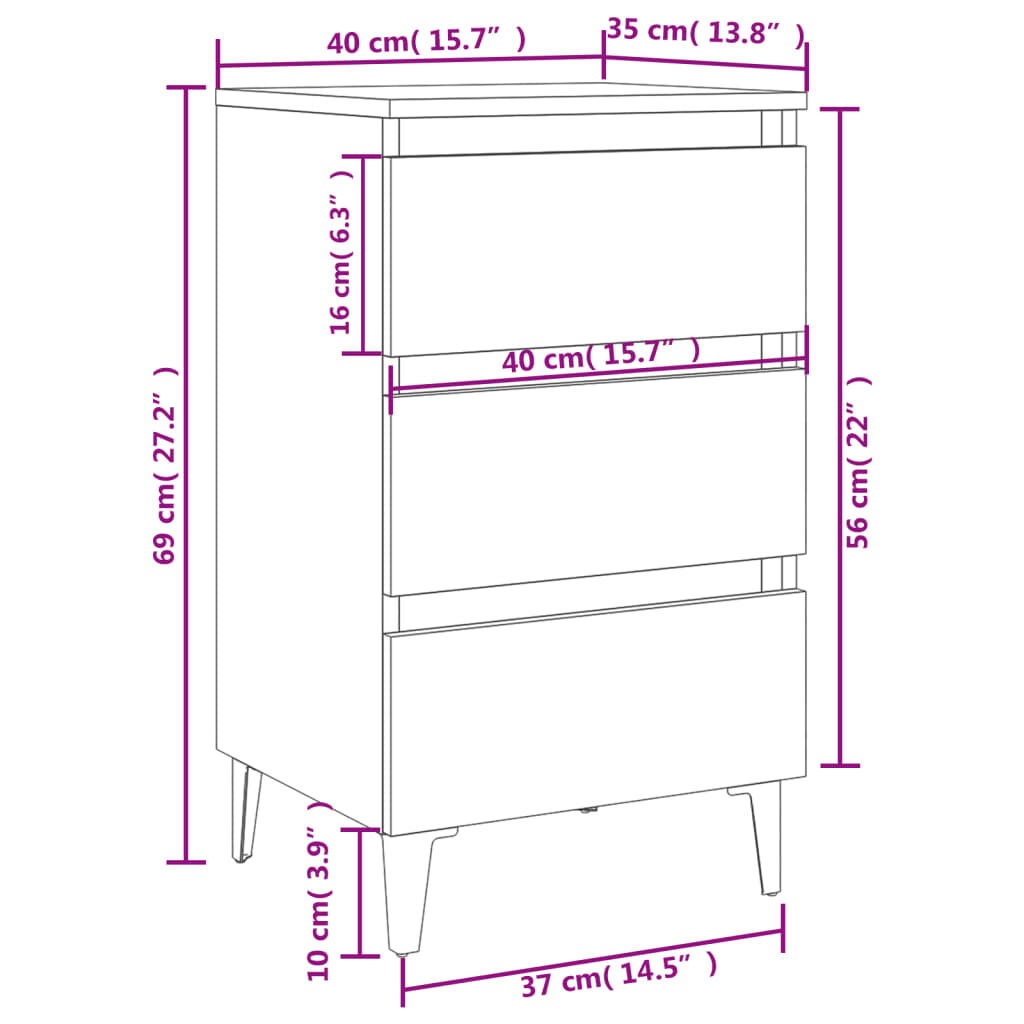 vidaXL Κομοδίνα 2 τεμ. Γκρι Σκυροδέματος 40x35x69 εκ. Μεταλλικά Πόδια