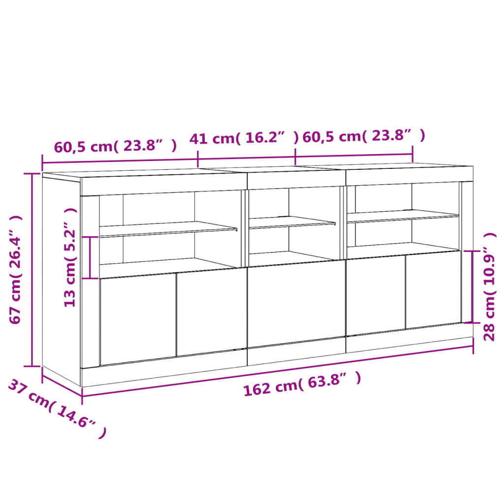 vidaXL Μπουφές με Φώτα LED Λευκός 162 x 37 x 67 εκ.