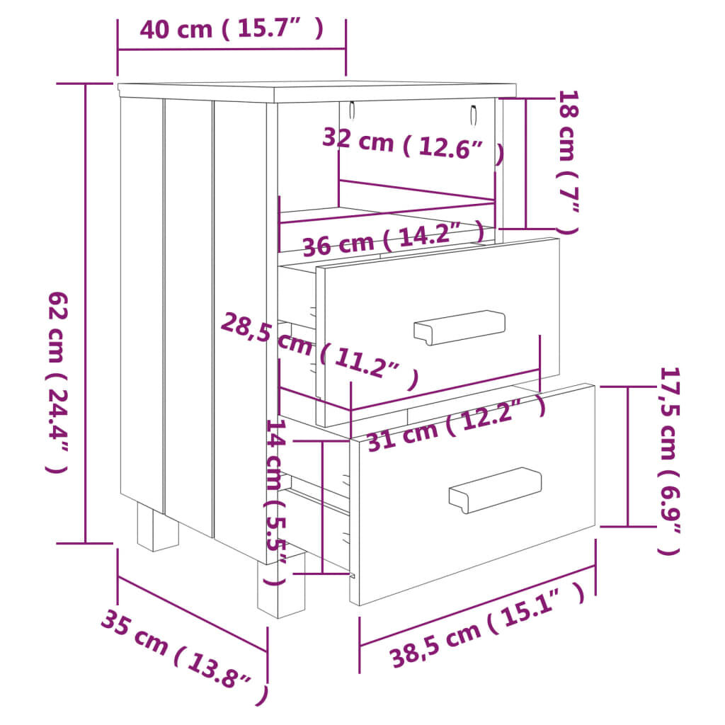 vidaXL Κομοδίνο HAMAR Λευκό 40x35x62 εκ. από Μασίφ Ξύλο Πεύκου