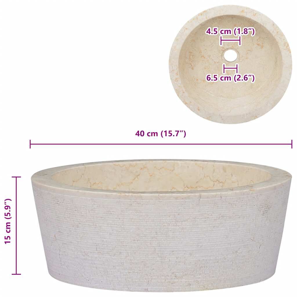 vidaXL Νιπτήρας Κρεμ Ø40 x 15 εκ. Μαρμάρινος