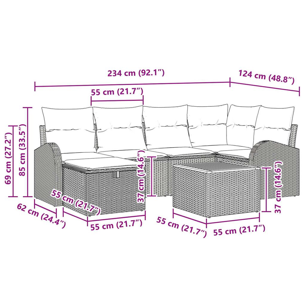 vidaXL Σετ Καναπέ Κήπου με μαξιλάρι 7 pcs Μαύρο Πολυ ράταν
