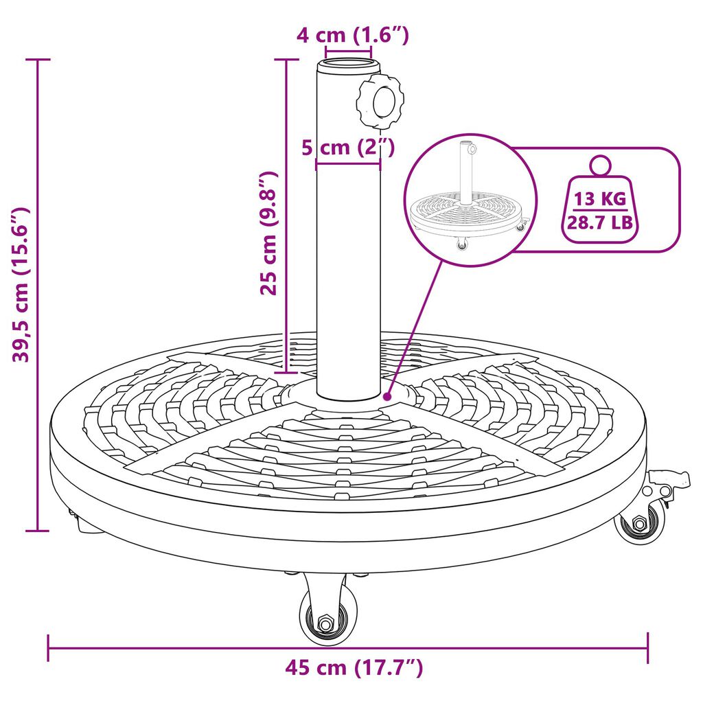Βάση ομπρέλας vidaXL με ρόδες για στέλεχος Ø38-48 mm 13 kg Στρογγυλή