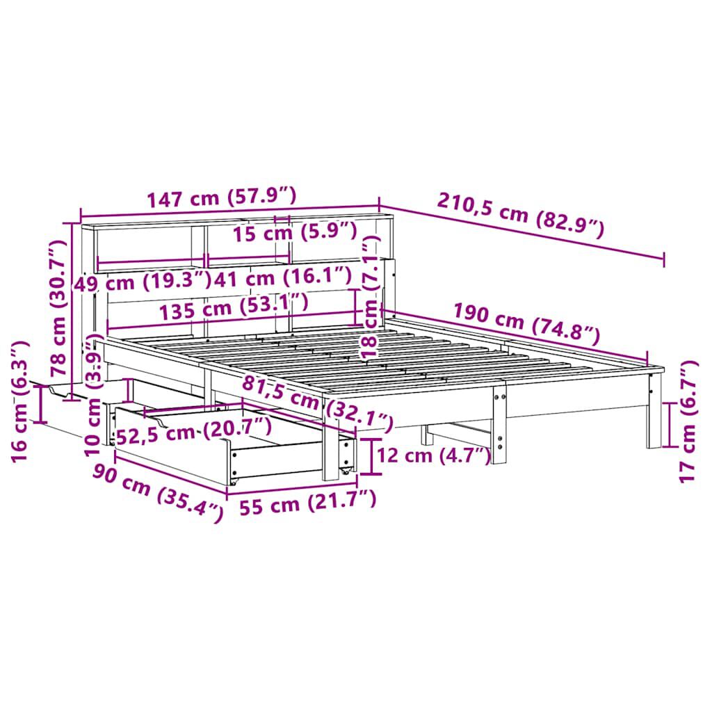 vidaXL Κρεβάτι Βιβλιοθήκη Χωρίς Στρώμα 135x190 εκ Μασίφ Ξύλο Πεύκου