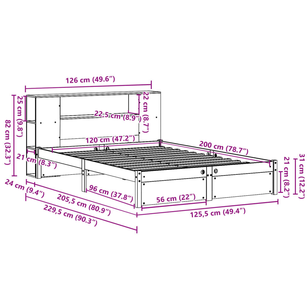 vidaXL Κρεβάτι Βιβλιοθήκη Χωρίς Στρώμα 120x200 εκ Μασίφ Ξύλο Πεύκο