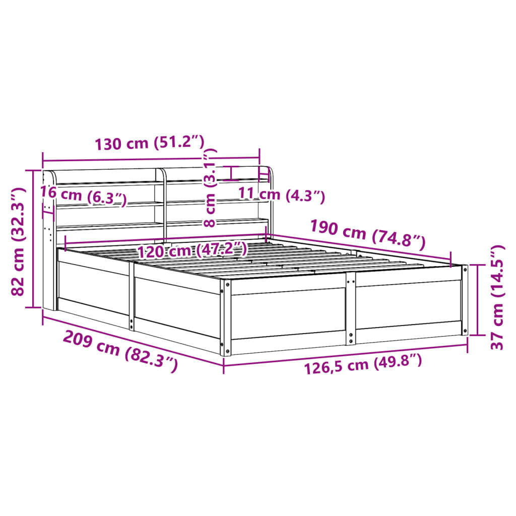 vidaXL Πλαίσιο Κρεβατιού με Κεφαλάρι Λευκό 120x190 εκ. Μασίφ Πεύκου