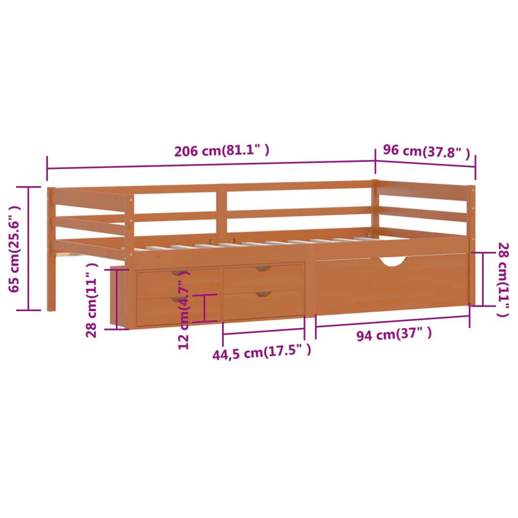 vidaXL Πλαίσιο Κρεβ. 2 Συρτάρια & Ντουλάπι Μελί 90x200εκ Ξύλο Πεύκου
