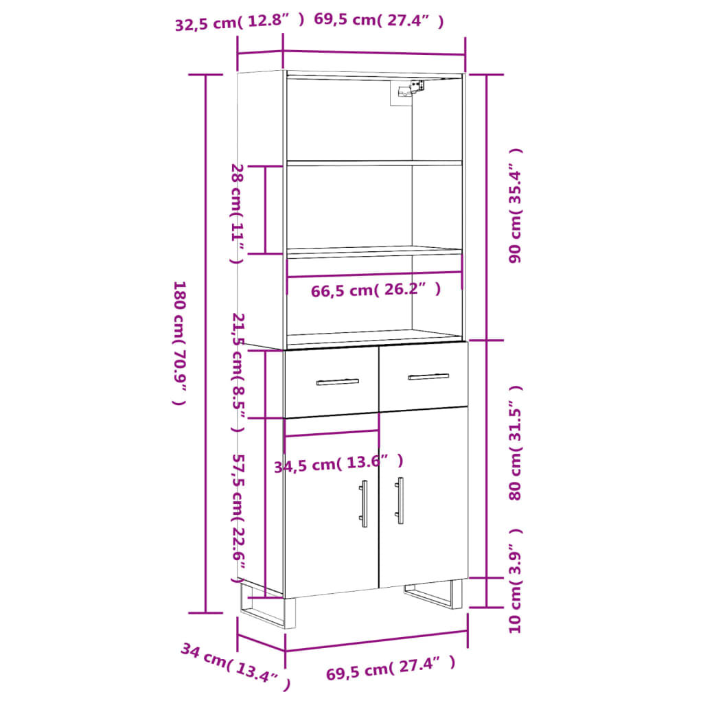 vidaXL Ντουλάπι Γκρι Sonoma 69,5 x 34 x 180 εκ. Επεξεργασμένο Ξύλο