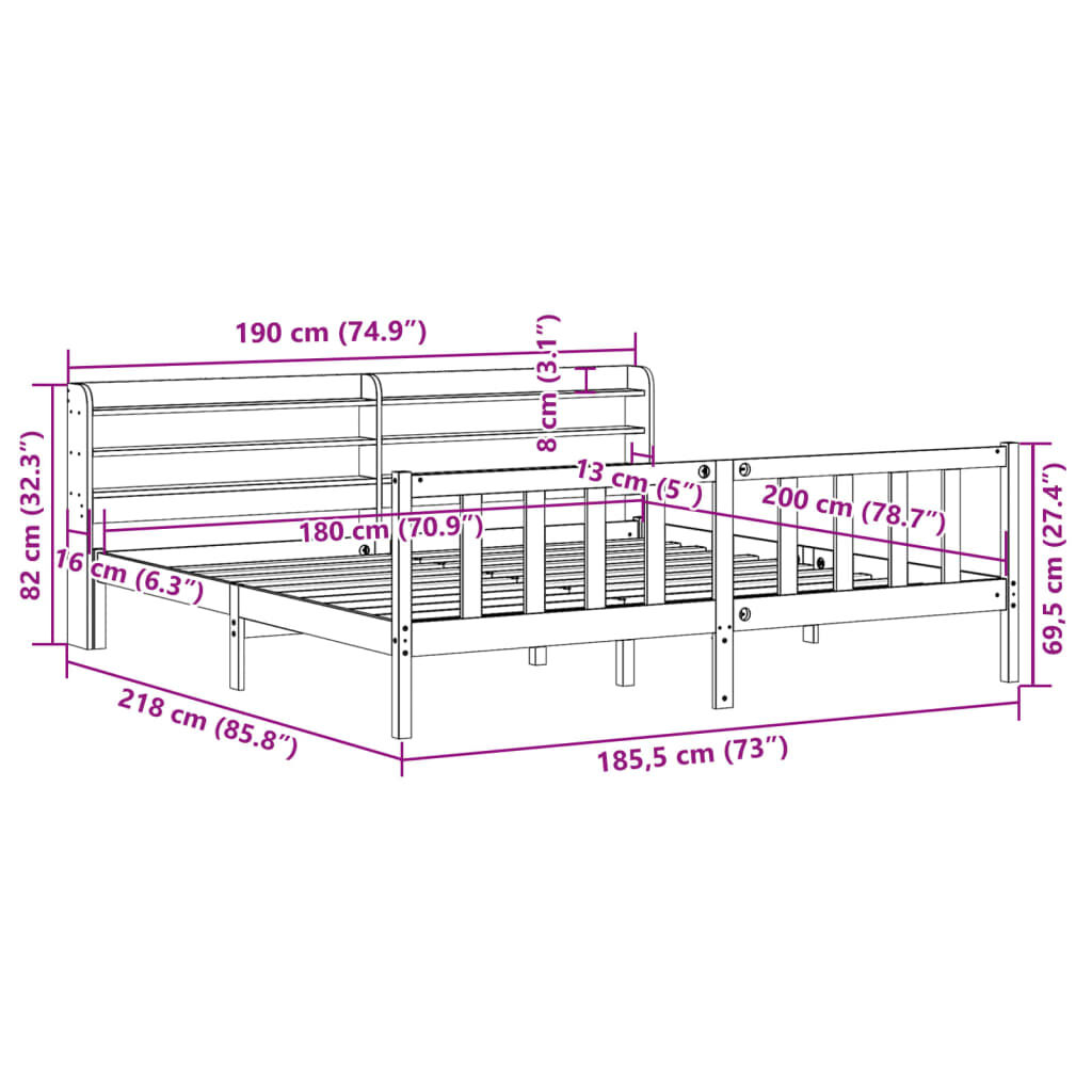 vidaXL Πλαίσιο Κρεβατιού με Κεφαλάρι 180x200 εκ Μασίφ Ξύλο Πεύκου