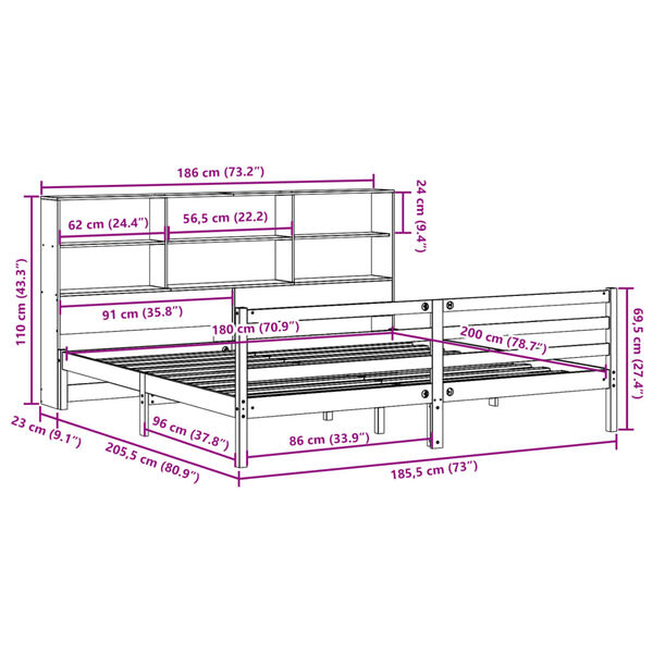 vidaXL Κρεβάτι Βιβλιοθήκη Χωρίς Στρώμα Καφέ 180x200 εκ Μασίφ Πεύκο