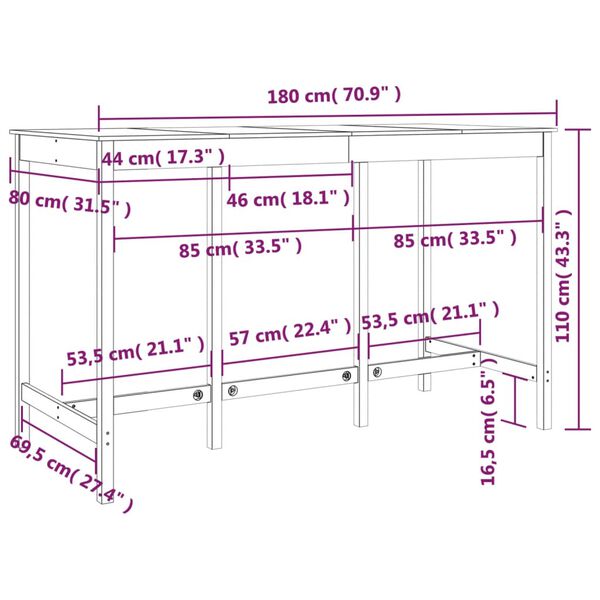 vidaXL Τραπέζι Μπαρ 180 x 80 x 110 εκ. από Μασίφ Ξύλο Πεύκου