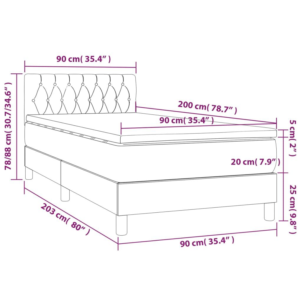 vidaXL Κρεβάτι Boxspring με Στρώμα & LED Κρεμ 90x200 εκ. Υφασμάτινο