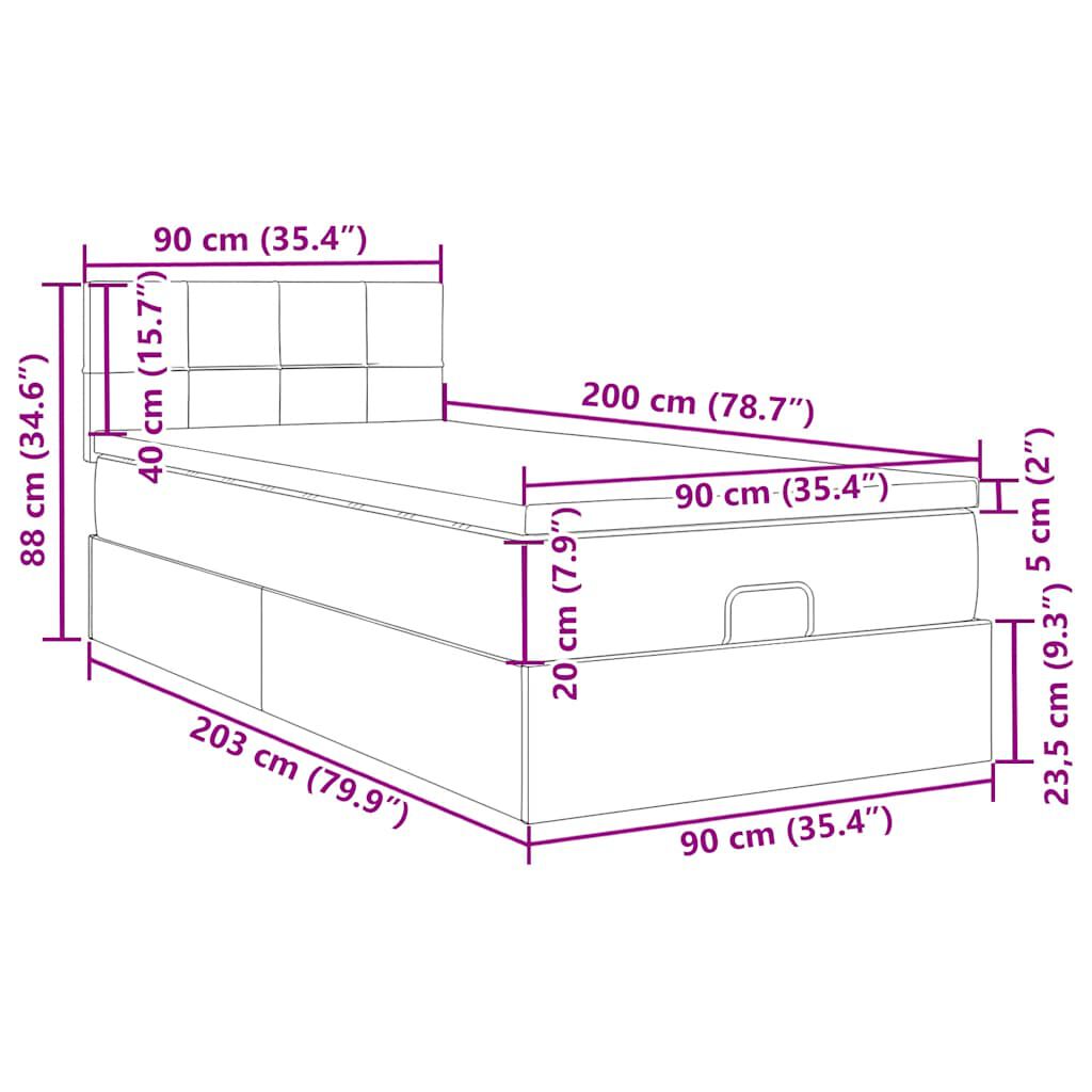 vidaXL Οθωμανικό κρεβάτι με στρώμα & LEDs Μαύρο 90x200cm Velvet