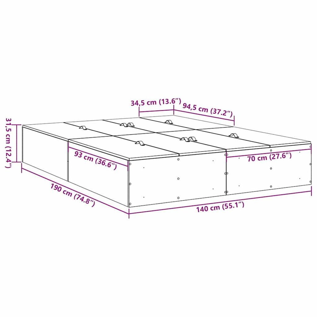 vidaXL Σκελετός Κρεβατιού artisan δρυς 190 x 140 x 31.5 εκ.