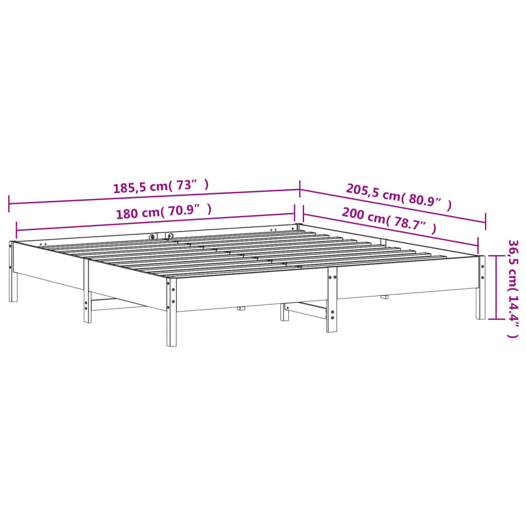 vidaXL Σκελετός Κρεβατιού Χωρίς Στρώμα 180x200 εκ Μασίφ Ξύλο Πεύκου