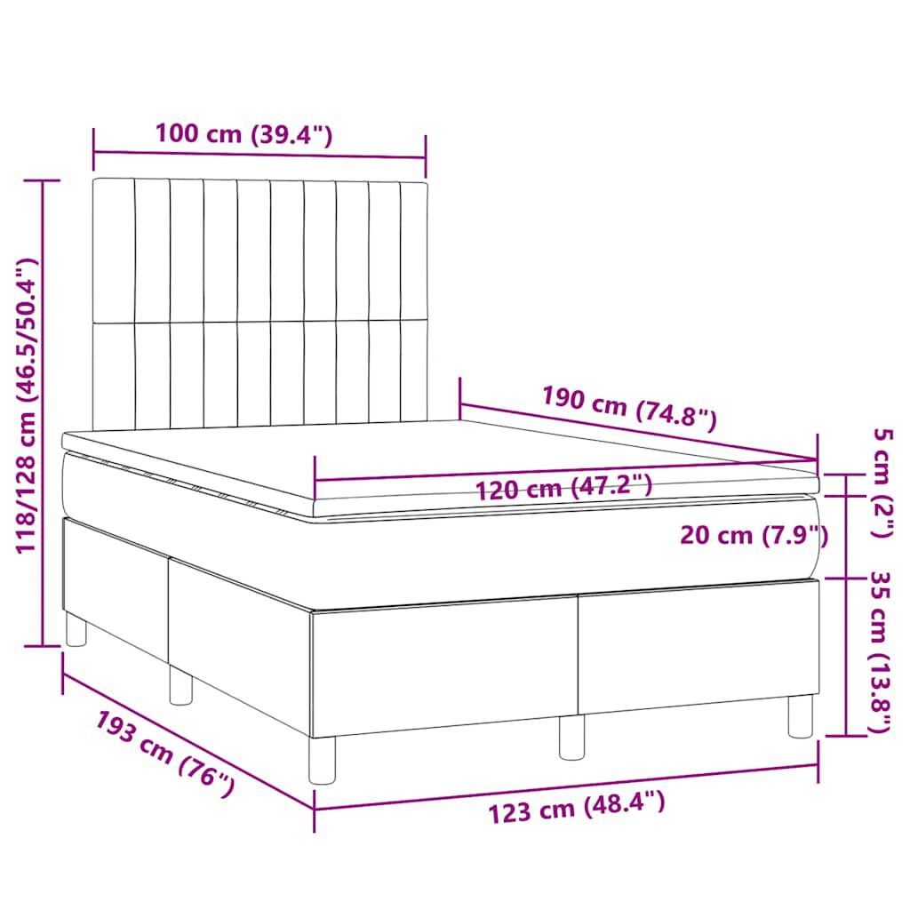 vidaXL Κρεβάτι Boxspring με Στρώμα & LED Μαύρο 120x190 εκ. Υφασμάτινο