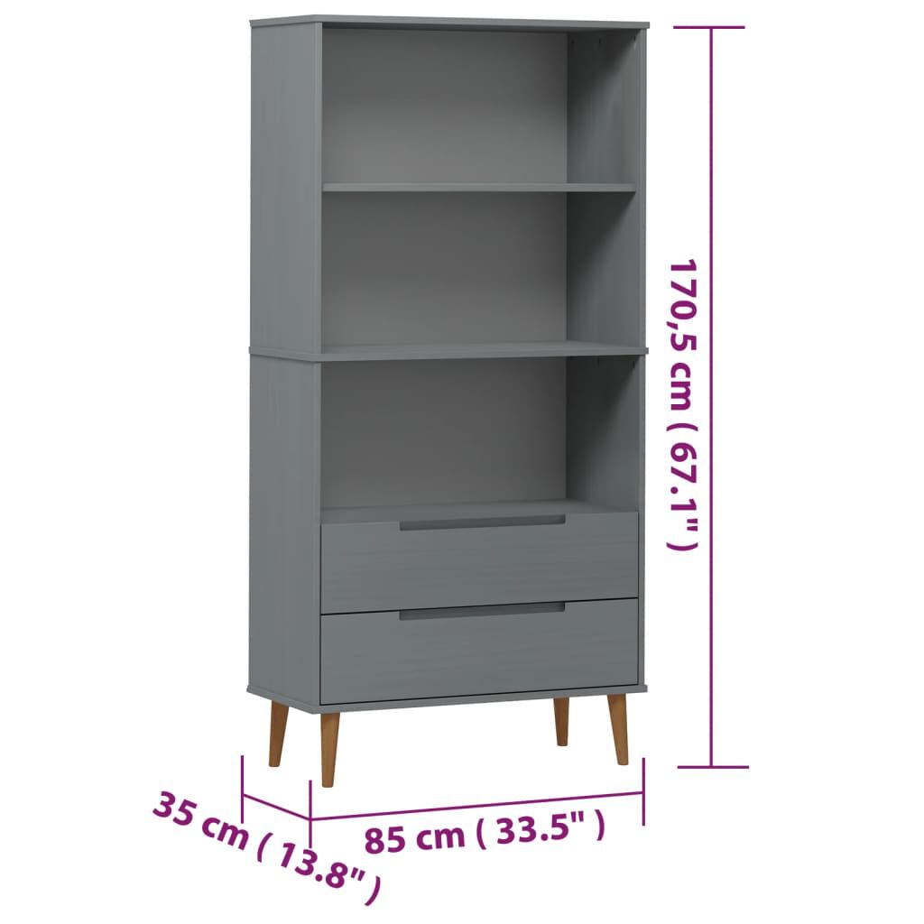 vidaXL Βιβλιοθήκη MOLDE Γκρι 85x35x170,5 εκ. από Μασίφ Ξύλο Πεύκου