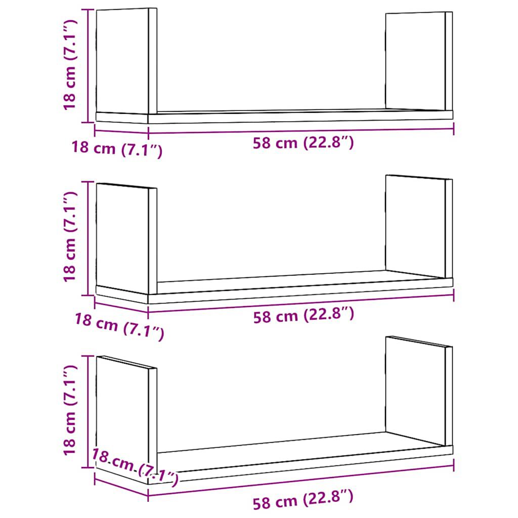 vidaXL Ραφιέρες Τοίχου 3 τεμ. Αρτισιανή Δρυς 58x18x18 εκ. Επεξ. Ξύλο