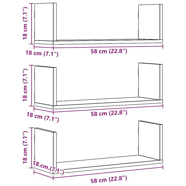 vidaXL Ραφιέρες Τοίχου 3 τεμ. Αρτισιανή Δρυς 58x18x18 εκ. Επεξ. Ξύλο
