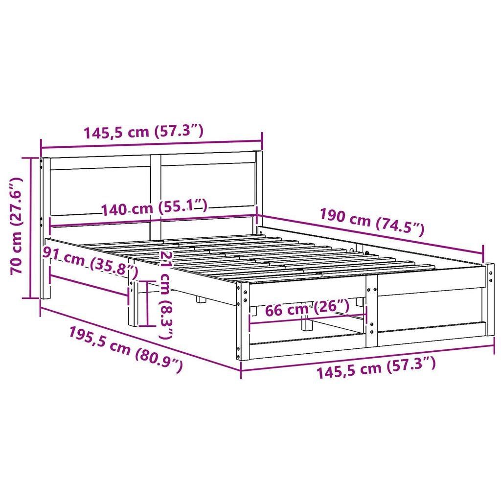 vidaXL Σκελετός Κρεβατιού Καφέ 140 x 190 cm Μασίφ ξύλο πεύκου