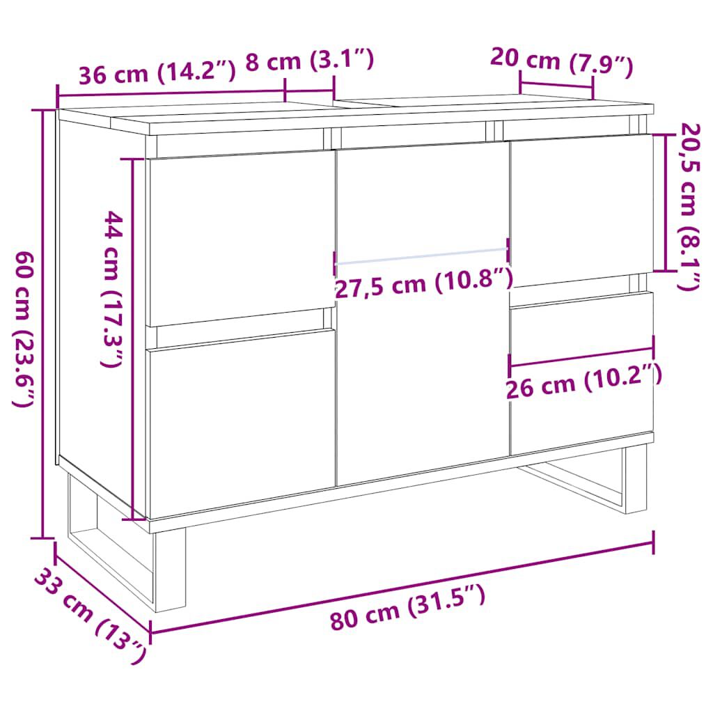 vidaXL Ντουλάπι νιπτήρα μπάνιου Παλιό ξύλο 80x33x60 cm