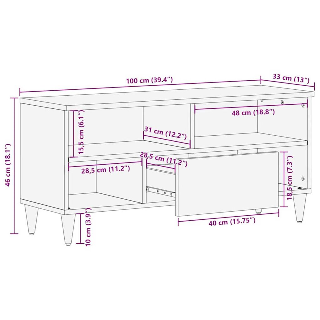 vidaXL Ντουλάπι TV με ράφι Καφέ 100 x 33.5 x 46 εκ Μασίφ ξύλο μάνγκο