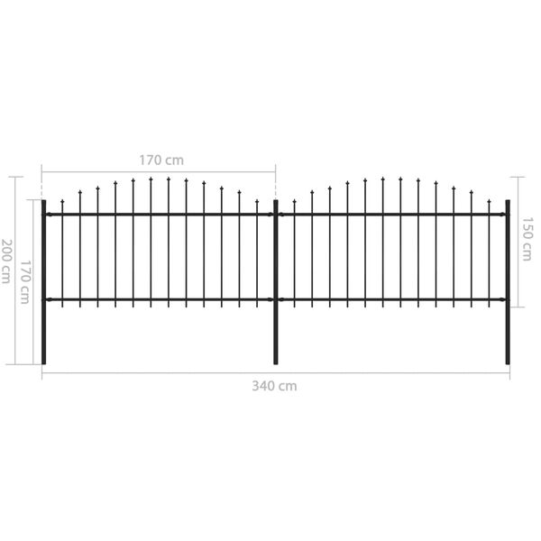 vidaXL Κάγκελα Περίφραξης με Λόγχες Μαύρα (1,25-1,5) x 3,4 μ. Ατσάλινα