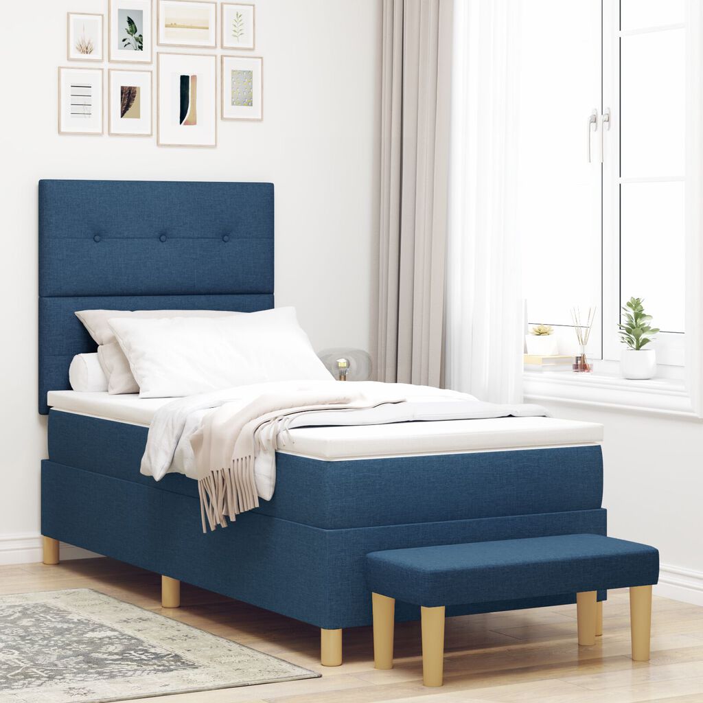 vidaXL Κρεβάτι Box Spring με Στρώμα & Πάγκο Μπλε 90x190 εκ. Υφάσματος