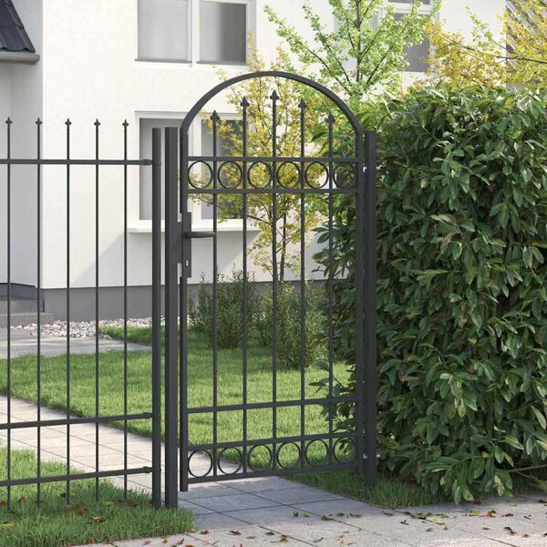 vidaXL Πόρτα Περίφραξης με Αψιδωτή Κορυφή Μαύρη από Ατσάλι 104 x 175 εκ.