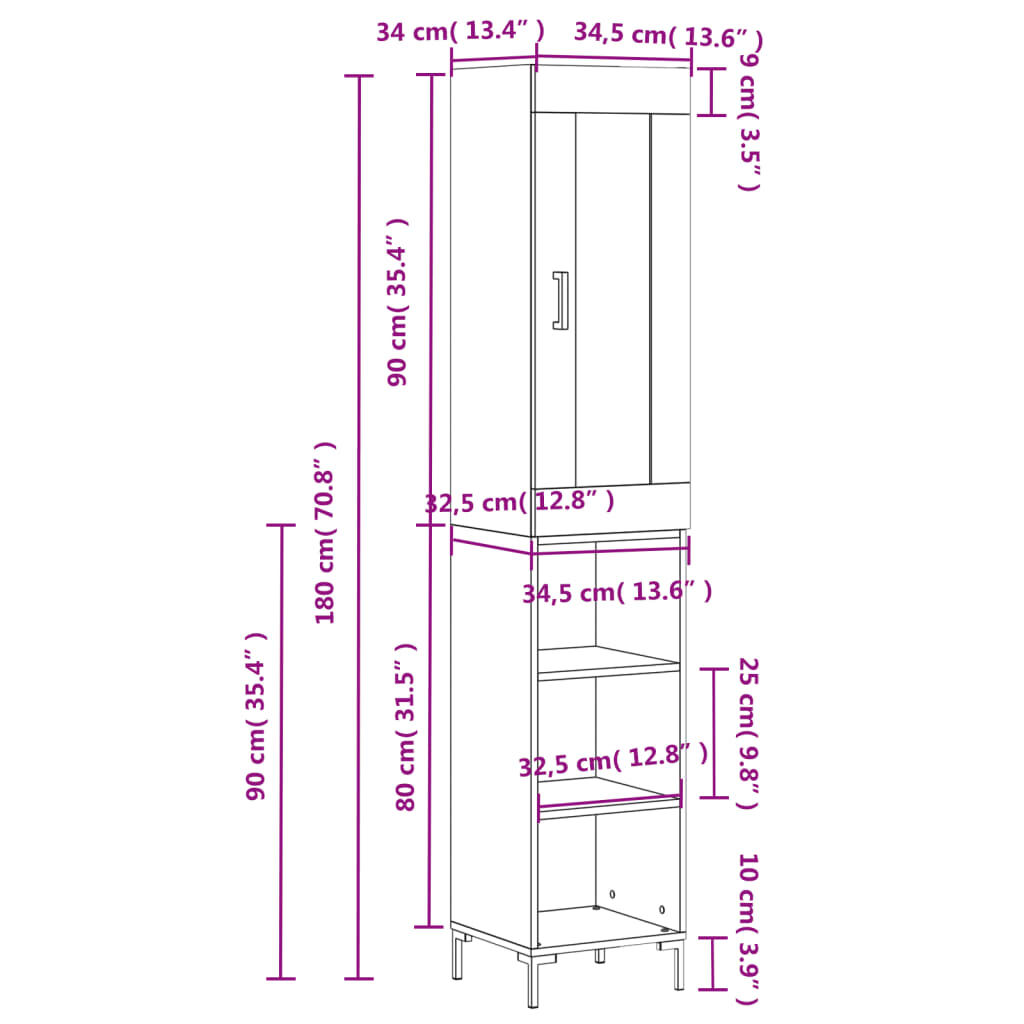 vidaXL Ντουλάπι Γυαλ. Λευκό 34,5 x 34 x 180 εκ. από Επεξεργασμένο Ξύλο