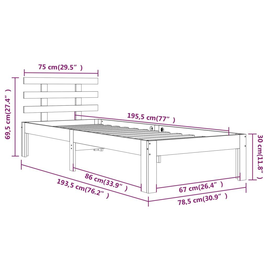 vidaXL Πλαίσιο Κρεβατιού Λευκό 75x190 εκ. Μασίφ Ξύλο Small Single