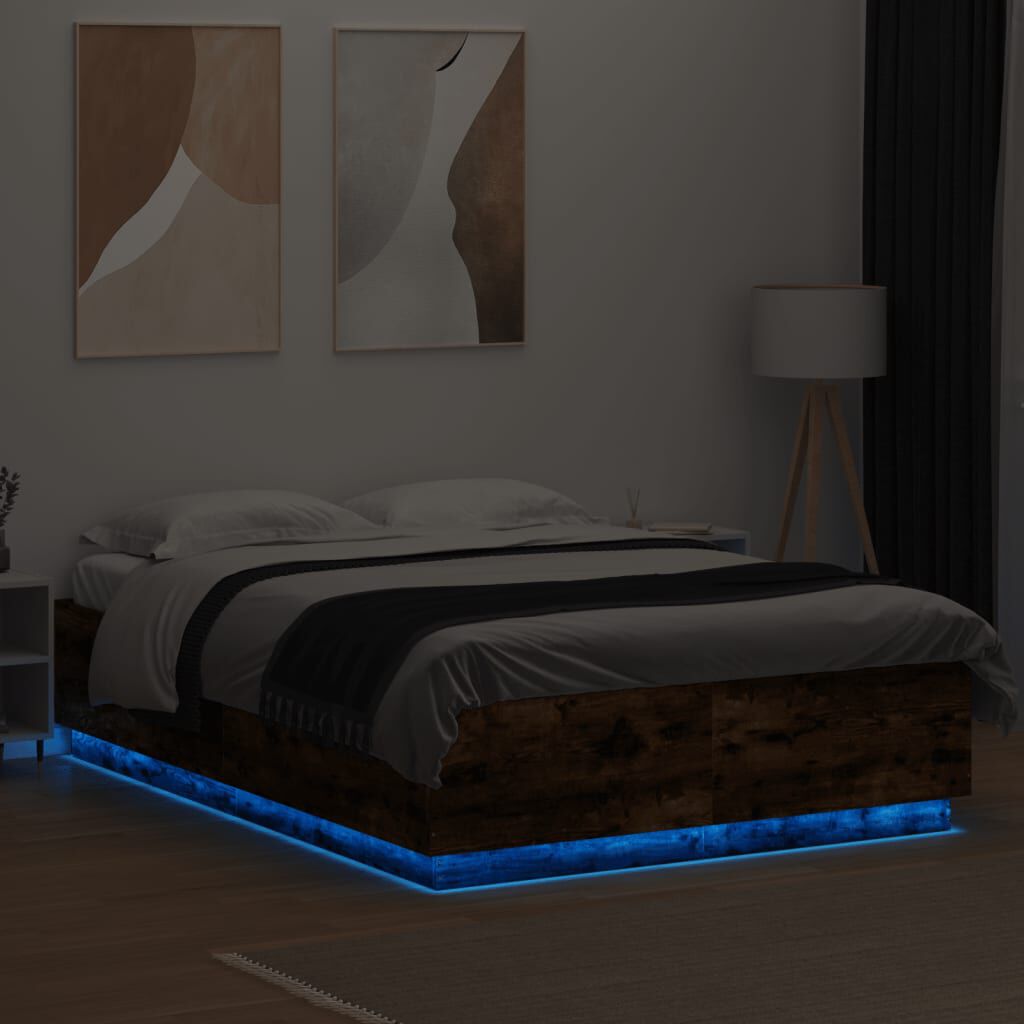 vidaXL Πλαίσιο Κρεβατιού με Φώτα LED Καπνιστή δρυς120x200εκ.Επεξ. Ξύλο
