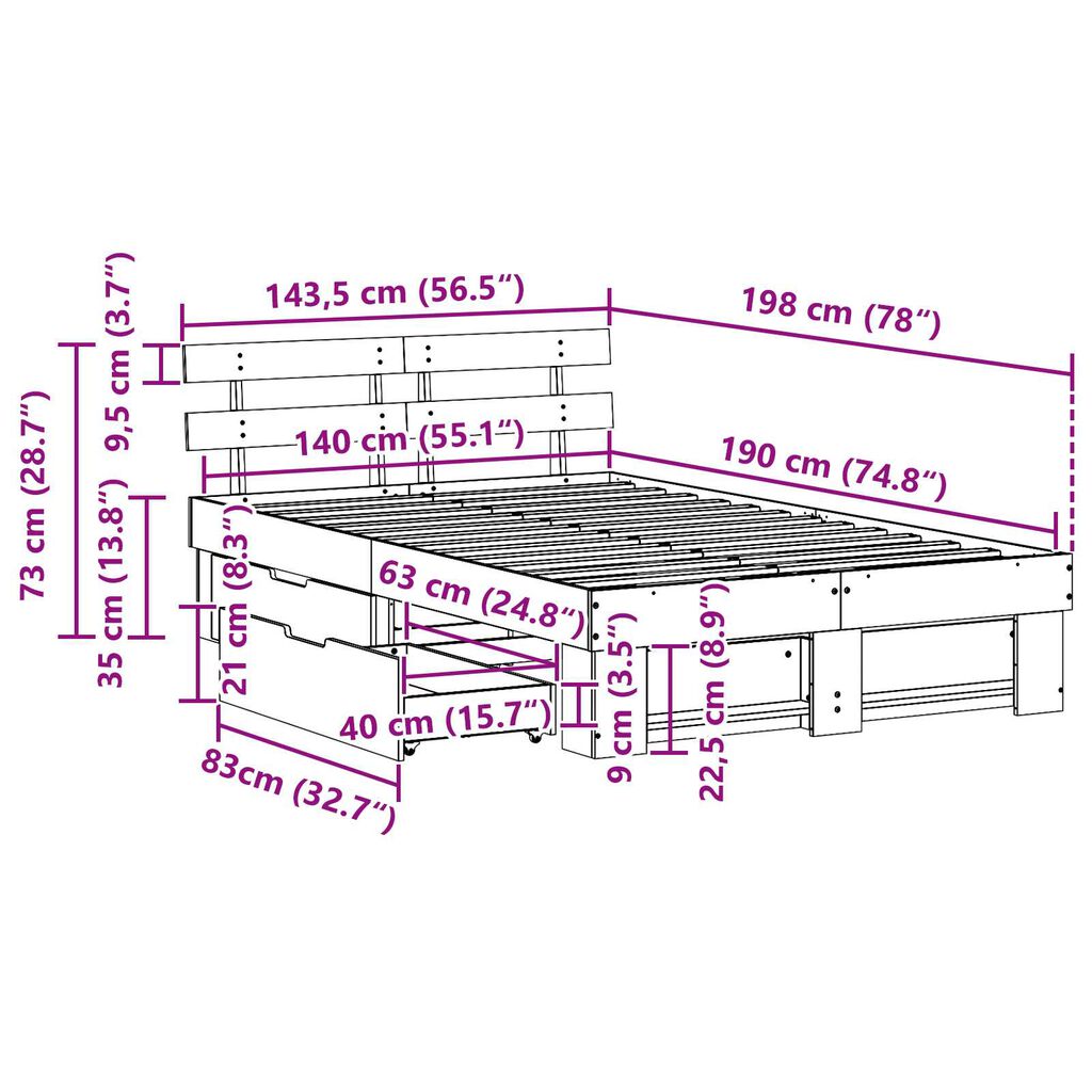 vidaXL Σκελετός Κρεβατιού Καφέ 140 x 190 cm Μασίφ ξύλο πεύκου