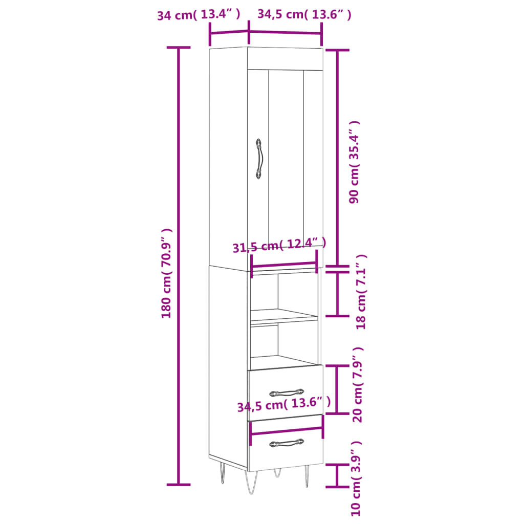 vidaXL Ντουλάπι Μαύρο 34,5 x 34 x 180 εκ. από Επεξεργασμένο Ξύλο