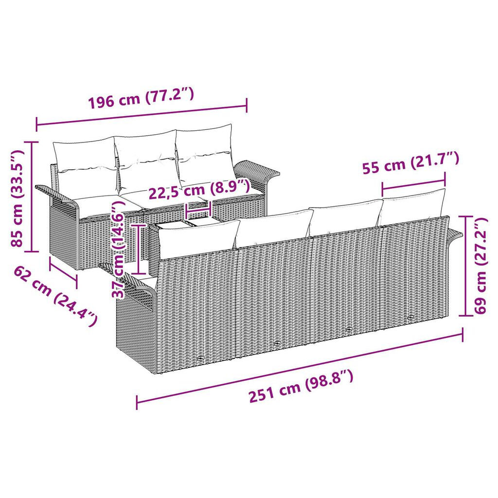 vidaXL Σετ Καναπέ Κήπου 8 pcs Ανοιχτό γκρι Πολυ ράταν