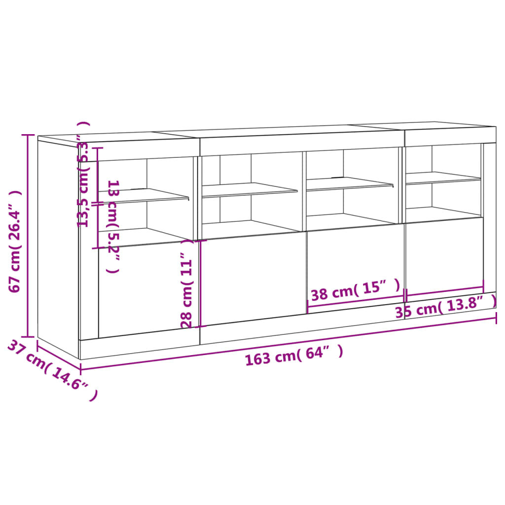 vidaXL Μπουφές με LED Μαύρος 163 x 37 x 67 εκ.