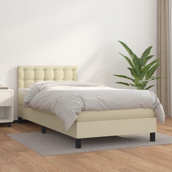 vidaXL Κρεβάτι Boxspring με Στρώμα Κρεμ 90x200 εκ. από Συνθετικό Δέρμα