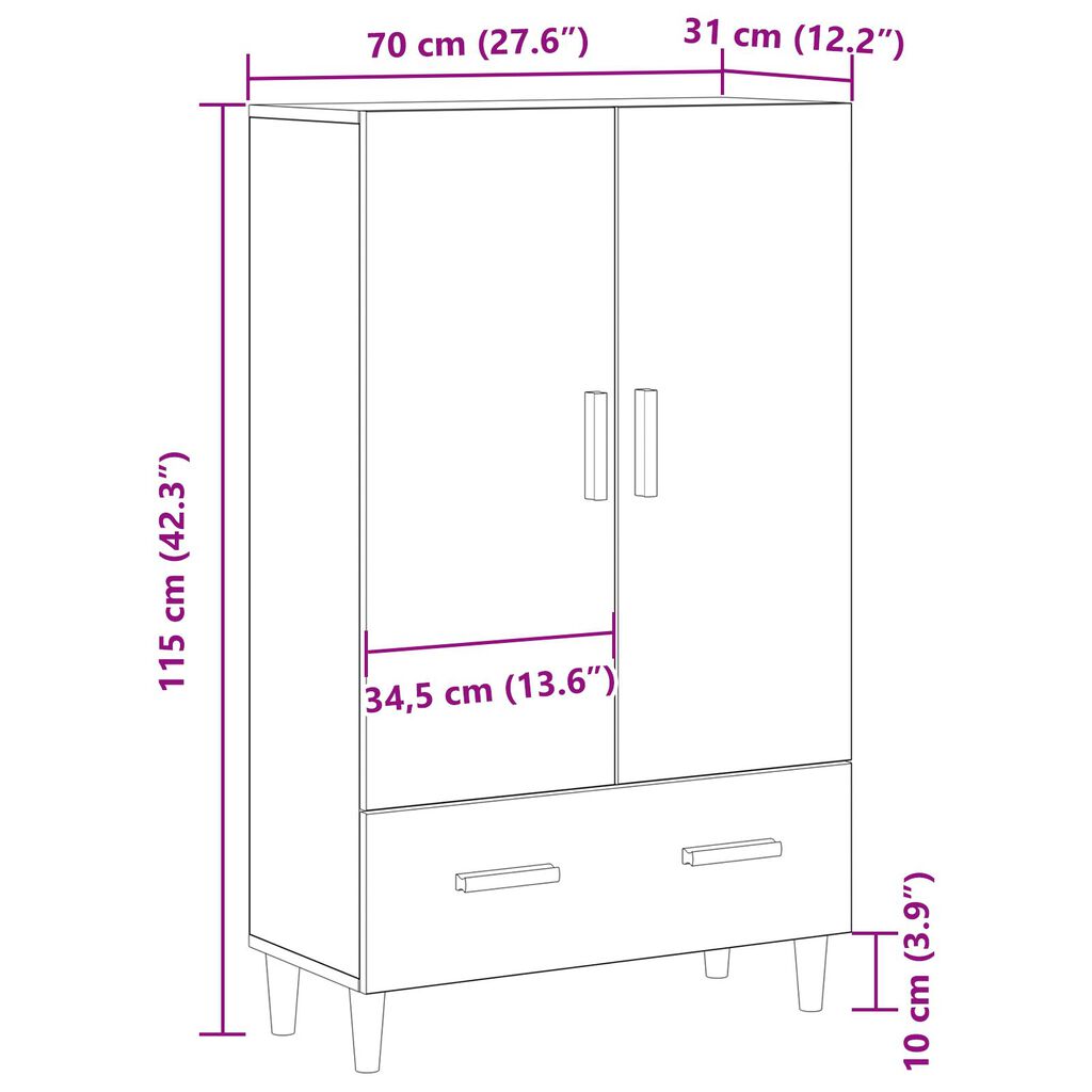 vidaXL Highboard με συρτάρι Μαύρο 70 x 31 x 115 εκ Επεξεργασμένο ξύλο