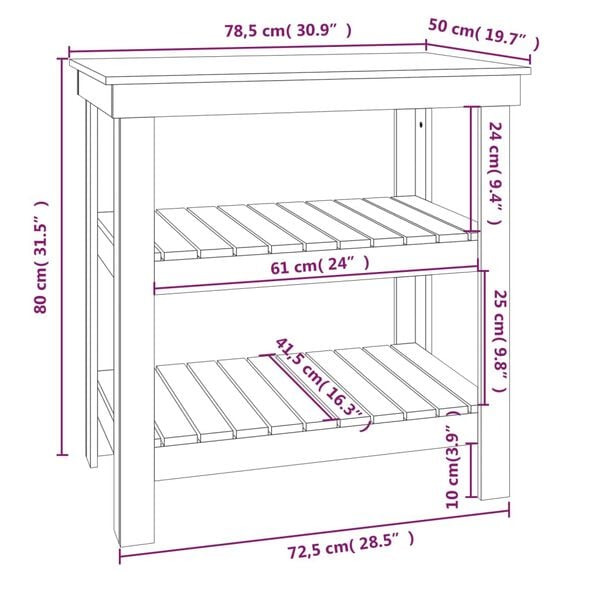 vidaXL Πάγκος Εργασίας Μαύρος 78,5x50x80 εκ. από Μασίφ Ξύλο Πεύκου