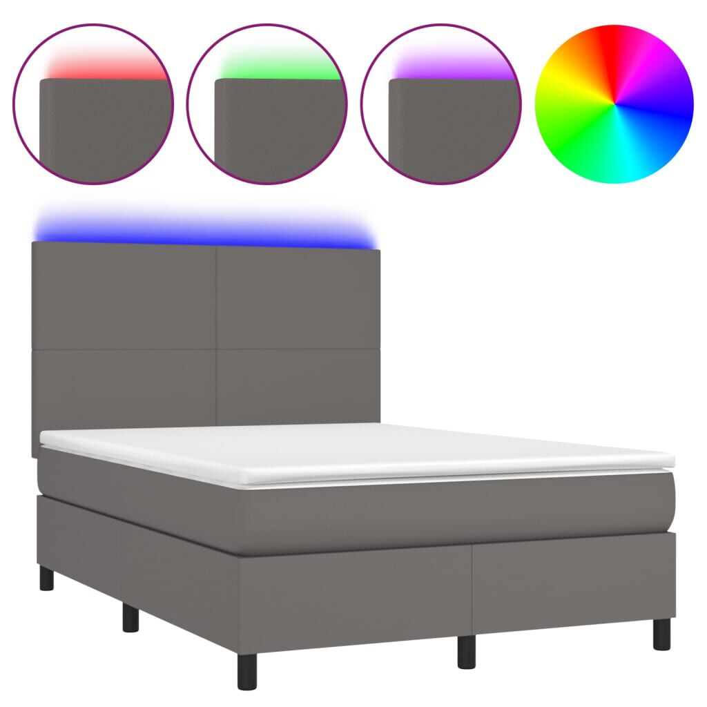 vidaXL Κρεβάτι Boxspring με Στρώμα & LED Γκρι 140x200 εκ. Συνθ. Δέρμα