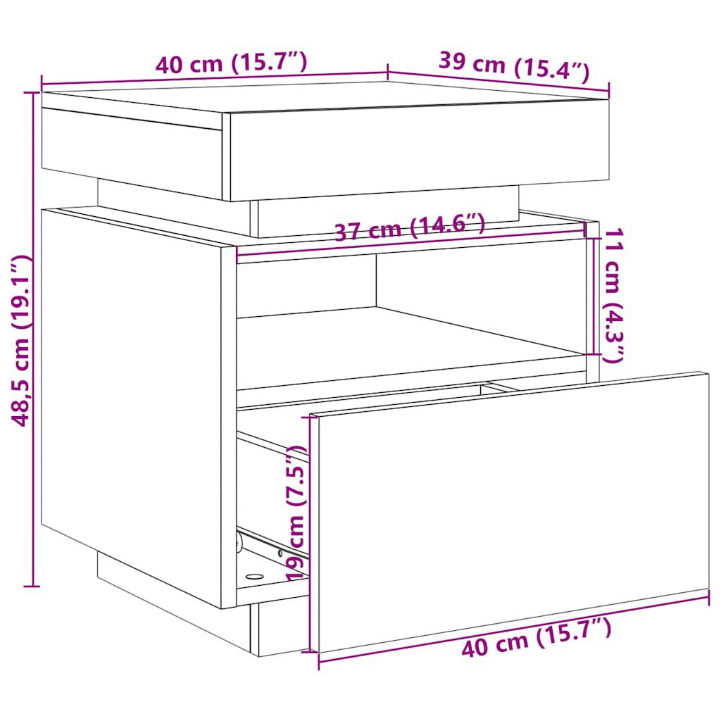 vidaXL Κομοδίνο με φώτα LED Παλιό ξύλο 40x39x48,5 cm