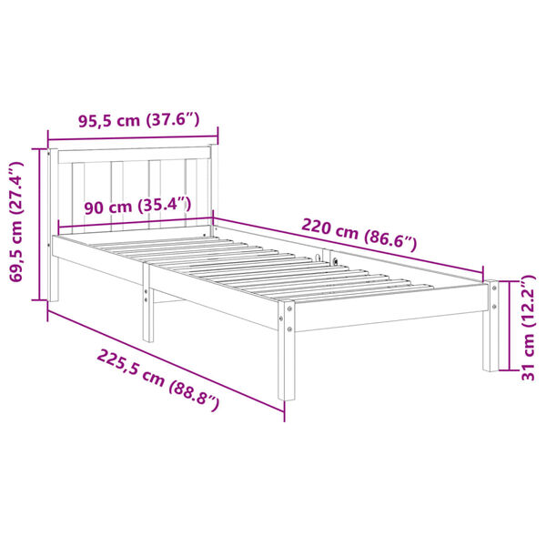 vidaXL Πλαίσιο Κρεβατιού Μακρύ Χωρίς Στρώμα 90x220 εκ Μασίφ Πεύκο