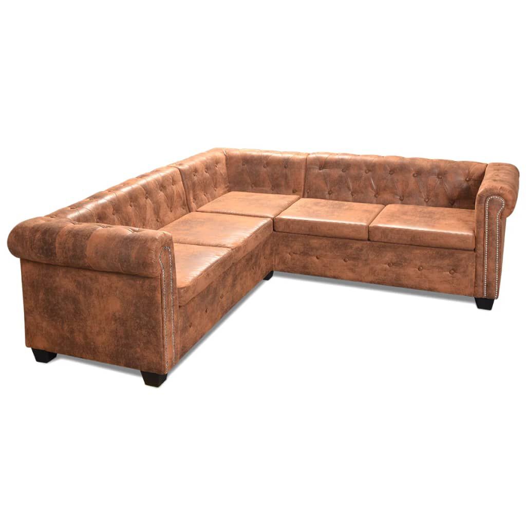 vidaXL Καναπές Γωνιακός Πενταθέσιος Chesterfield Καφέ Συνθετικό Δέρμα